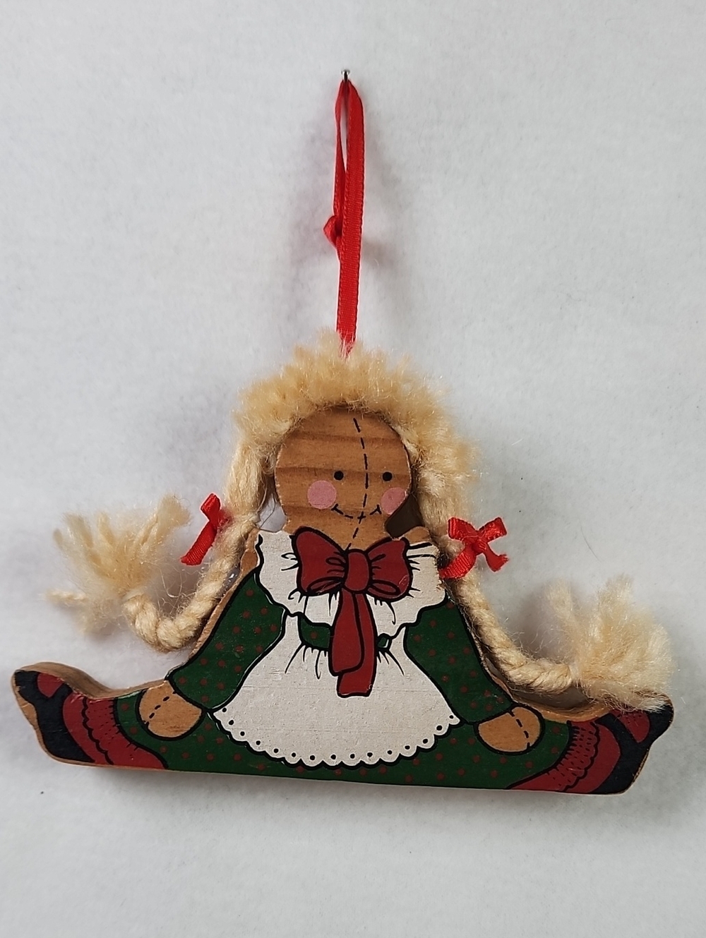 Ring Green, Red and Cream Rag Doll Holiday Wood Ornament Painted Toll